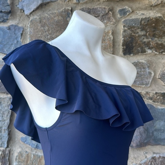 J. Crew Factory Women's One-Shoulder Ruffle Swimsuit Navy Blue Size M - Picture 3 of 7